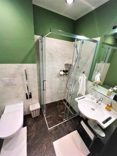 a bathroom with a shower and a toilet and a sink at Villa Lettonia in Jūrmala