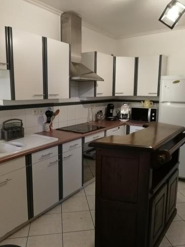 une cuisine avec des armoires blanches et des appareils électroménagers blancs dans l'établissement Maison de ville au calme, à Bonneville