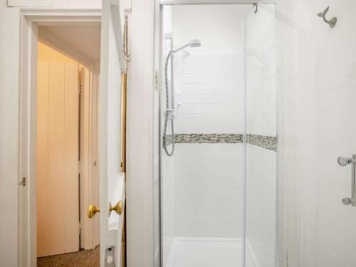 y baño con ducha y puerta de cristal. en 2 Bed in Llwyngwril 58564, en Llwyngwril