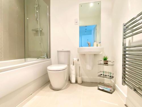 uma casa de banho branca com um WC e um lavatório em Farnborough central em Farnborough