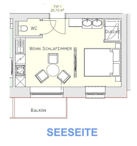 a floor plan of a small apartment with a bedroom at Echo am See in Gmunden