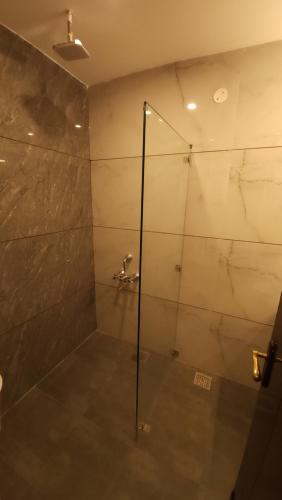 a shower with a glass door in a bathroom at Hotel Velvet Horizon in Chandīgarh