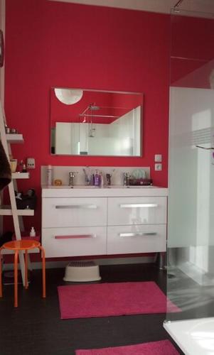 La salle de bains rouge est pourvue d'un lavabo et d'un miroir. dans l'établissement Grande maison familiale 10-12 pers avec piscine privée, à Champagné-les-Marais