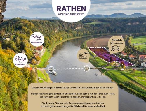 un mapa de la pasa del río y sus lugares de interés en STEIGER Hotel Elbschlösschen Rathen, en Kurort Rathen