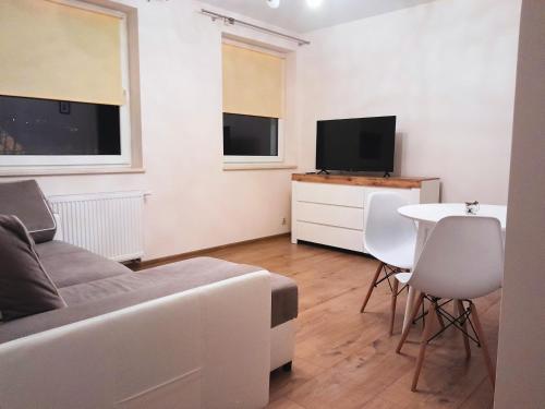 a living room with a couch and a tv and a table at Apartament Hubertus in Bochnia