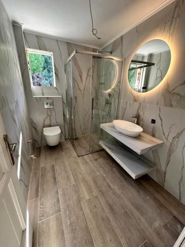 a bathroom with a sink and a toilet and a mirror at Christina's panoramic view appartment in Polychrono