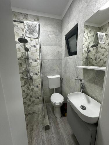 a bathroom with a toilet and a sink and a shower at Pensiunea GRS Tunari in Tunari