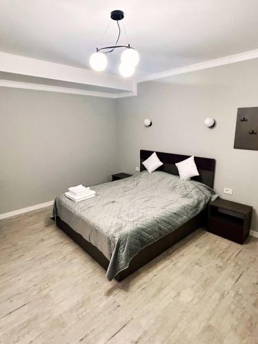 a bedroom with a large bed and a light at Pensiunea GRS Tunari in Tunari