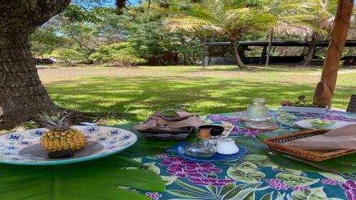 una mesa de picnic con un plato de piña. en Hostal Harepakoba, en Hanga Roa