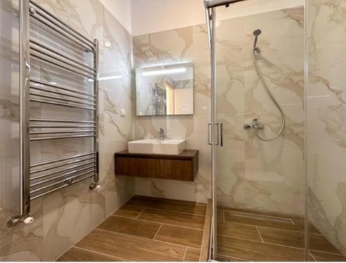 bagno con lavandino e doccia di Andreas Maisonettes and Apartments a Nikiti