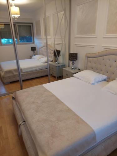 1 dormitorio con 2 camas y espejo en Jana aprtment Budva en Budva