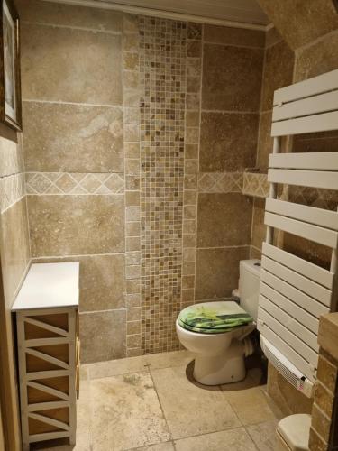 a bathroom with a toilet and a tiled wall at A la maison du bonheur in Neuilly-sous-Clermont