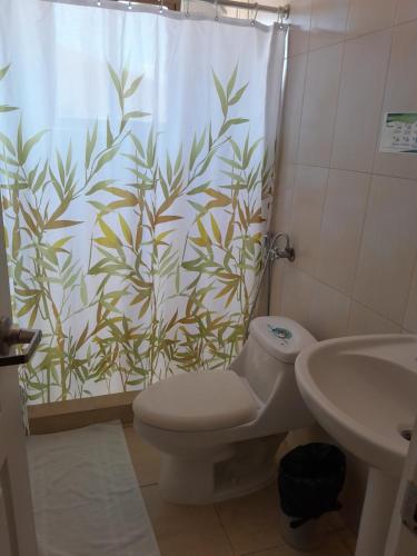 y baño con cortina de ducha, aseo y lavamanos. en BOULEVARD GARDENS Coronado, en Nueva Gorgona