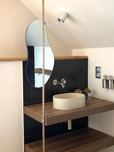 une salle de bain avec un lavabo et un miroir dans l'établissement Casa Neste: Grange rénovée haut de gamme, à Arreau