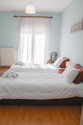 a bedroom with two beds and a window at Chloe Maxi Apt 110sqm in Kastoria