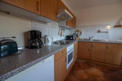 a small kitchen with wooden cabinets and white appliances at Landruhe in Dreschvitz