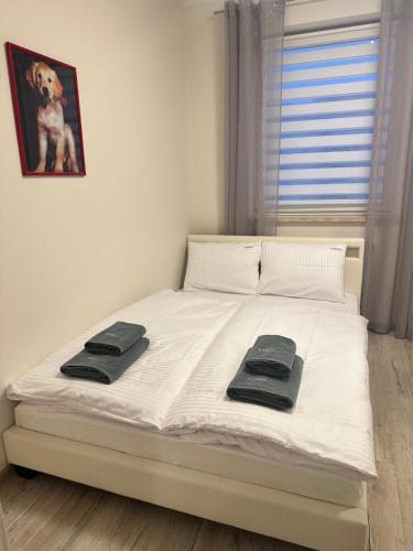 a bed with two towels on it in a bedroom at Apartament Górczyn 18 HGS Home in Gorzów Wielkopolski