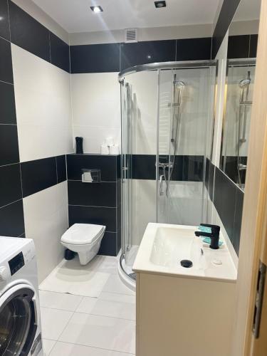 a bathroom with a shower and a toilet and a sink at Apartament Górczyn 18 HGS Home in Gorzów Wielkopolski