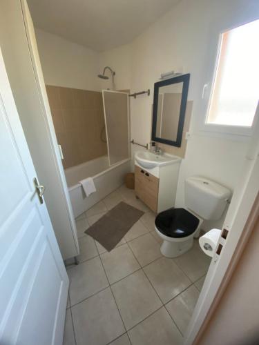 une salle de bain avec toilettes, lavabo et miroir dans l'établissement Maison Alma, à San-Nicolao