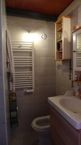 une petite salle de bain avec toilettes et lavabo dans l'établissement Appartement terrasse proche vieux-port, à Marseille