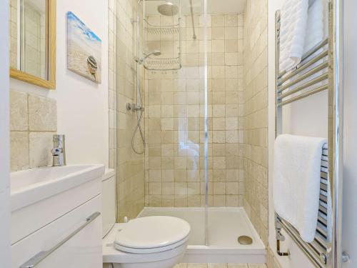 a bathroom with a shower and a toilet and a sink at 3 Bed in Beadnell CN119 in Beadnell
