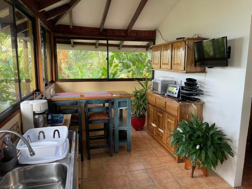 una cucina con lavandino e bancone con TV di Equipped cottage in Laguna Hule a Río Cuarto