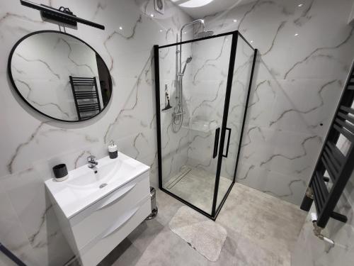 a bathroom with a shower and a sink and a mirror at Domki i Pokoje u Ilony in Krościenko