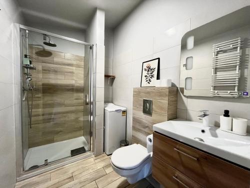 a bathroom with a shower and a toilet and a sink at City Center Apartments z parkingiem in Bydgoszcz