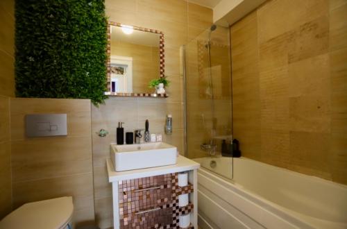 ein Badezimmer mit einem Waschbecken, einem WC und einem Spiegel in der Unterkunft Apartament Beauty Smarald in Creţuleasca