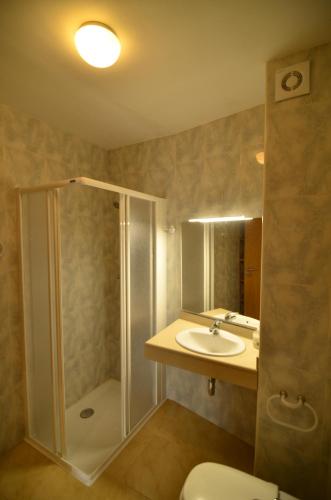 a bathroom with a shower and a sink and a toilet at La Caseta del Picatxo in Batea