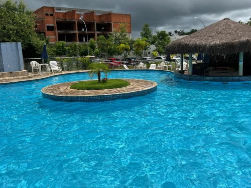 una gran piscina con una palmera en el medio en Aldeia das Águas Park Resort - Quartier - Flat B102 en Barra do Piraí