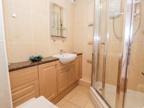 La salle de bains est pourvue d'un lavabo et d'une douche. dans l'établissement 48A South Snowdon Wharf, à Porthmadog