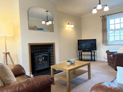 a living room with a fireplace and a television at Rhos Helyg - Beach-side luxury stylish house in Aberaeron