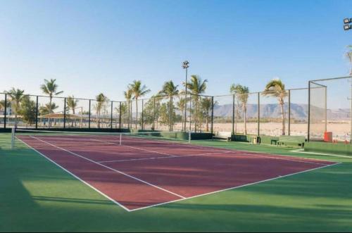 um campo de ténis com palmeiras ao fundo em Salalah Forest Island Villa em Ţāqah