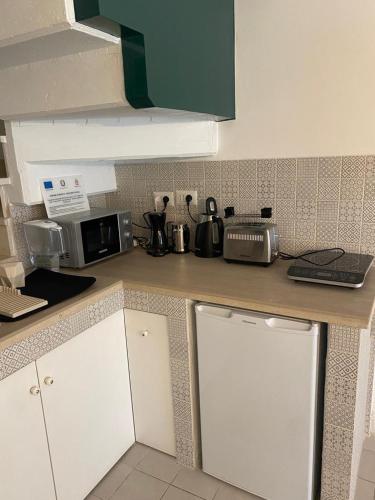 a kitchen with a counter top with a toaster and a microwave at Apulia 35 in Bari