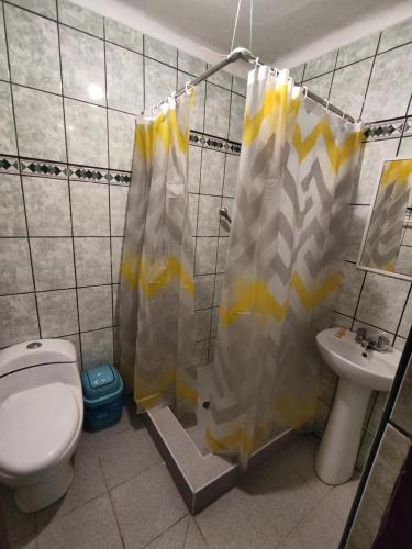 La salle de bains est pourvue de toilettes et d'un rideau de douche. dans l'établissement Qosqo Apartments 3, à Cusco