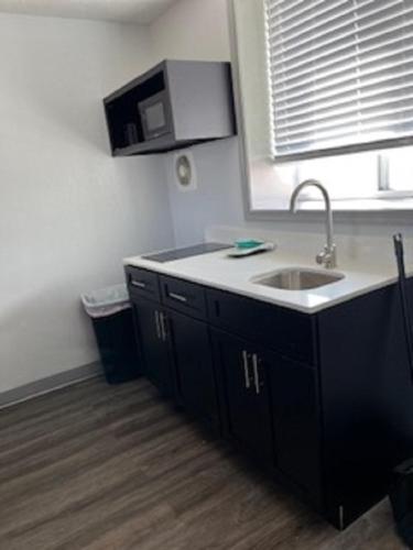a kitchen with a sink and a microwave at Outer Banks Motor Lodge in Kill Devil Hills