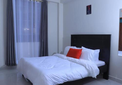 - une chambre avec un lit et 2 oreillers rouges dans l'établissement 1BR Apartment, Canopy apartments Meru near KeMU university Main Campus, à Meru