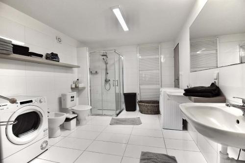 La salle de bains est pourvue d'un lavabo et d'un lave-linge. dans l'établissement Welness Roubenka Svratouch, à Svratouch