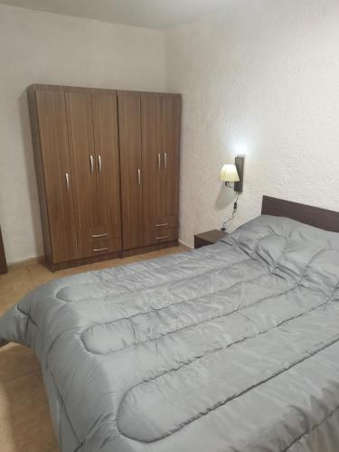 a bedroom with a large bed and wooden cabinets at Terrazas al Sol 01 in Piriápolis