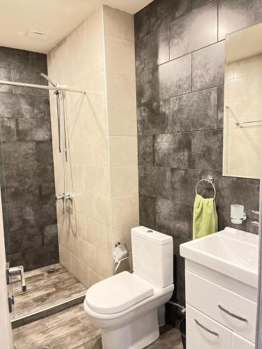 a bathroom with a toilet and a sink and a shower at Tsaghkadzor View Апартамент с видом на горы in Tsaghkadzor