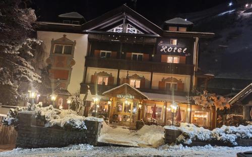 un grand bâtiment dans la neige la nuit dans l'établissement Villa Martha Vintage Hotel-B&B, à Santa Cristina Valgardena