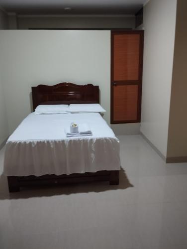 a bedroom with a bed and a wooden door at Hotel Amazon deluxe in Jaén
