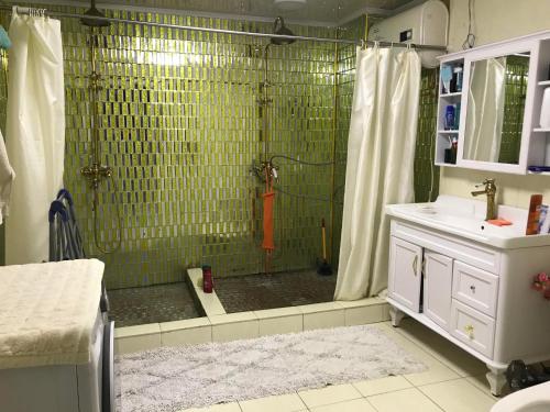 ein Bad mit einer Dusche und grünen Fliesen in der Unterkunft Bolod Guesthouse and Tours in Ulaanbaatar