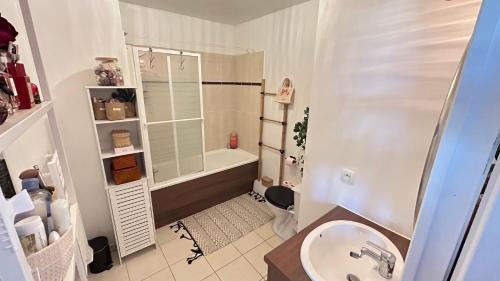 bagno con lavandino, doccia e servizi igienici di Charmant T2 au Cœur de Montigny-lès-Cormeilles a Montigny-lès-Cormeilles