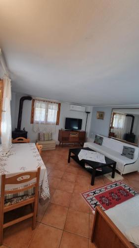 sala de estar con 2 camas y TV en Porto Vito, en Aigósthena