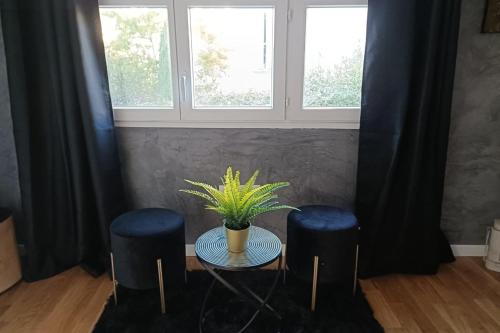 a table with two stools and a potted plant on it at Town house in Cannes city center in Cannes