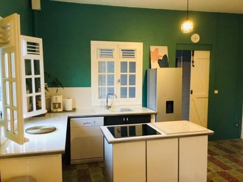 a kitchen with green walls and white cabinets at Villa Coquelicot in Rivière-Pilote