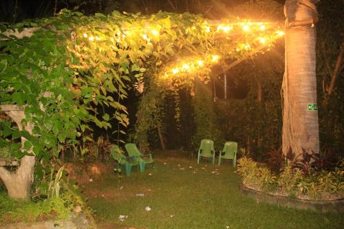 a pergola with lights and chairs in a yard at Hierba Buena Eco Hostel in El Zaino