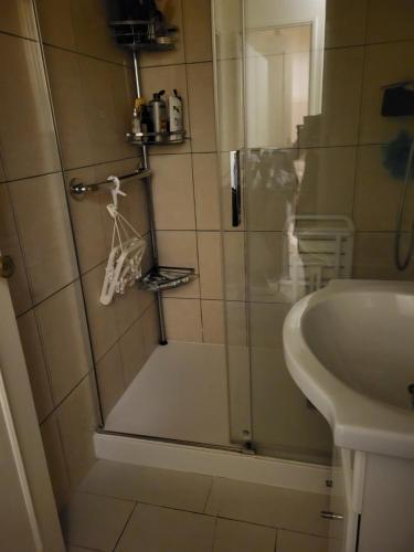 a shower with a glass door next to a sink at Location Jeux Olympiques Paris 2024 in Élancourt